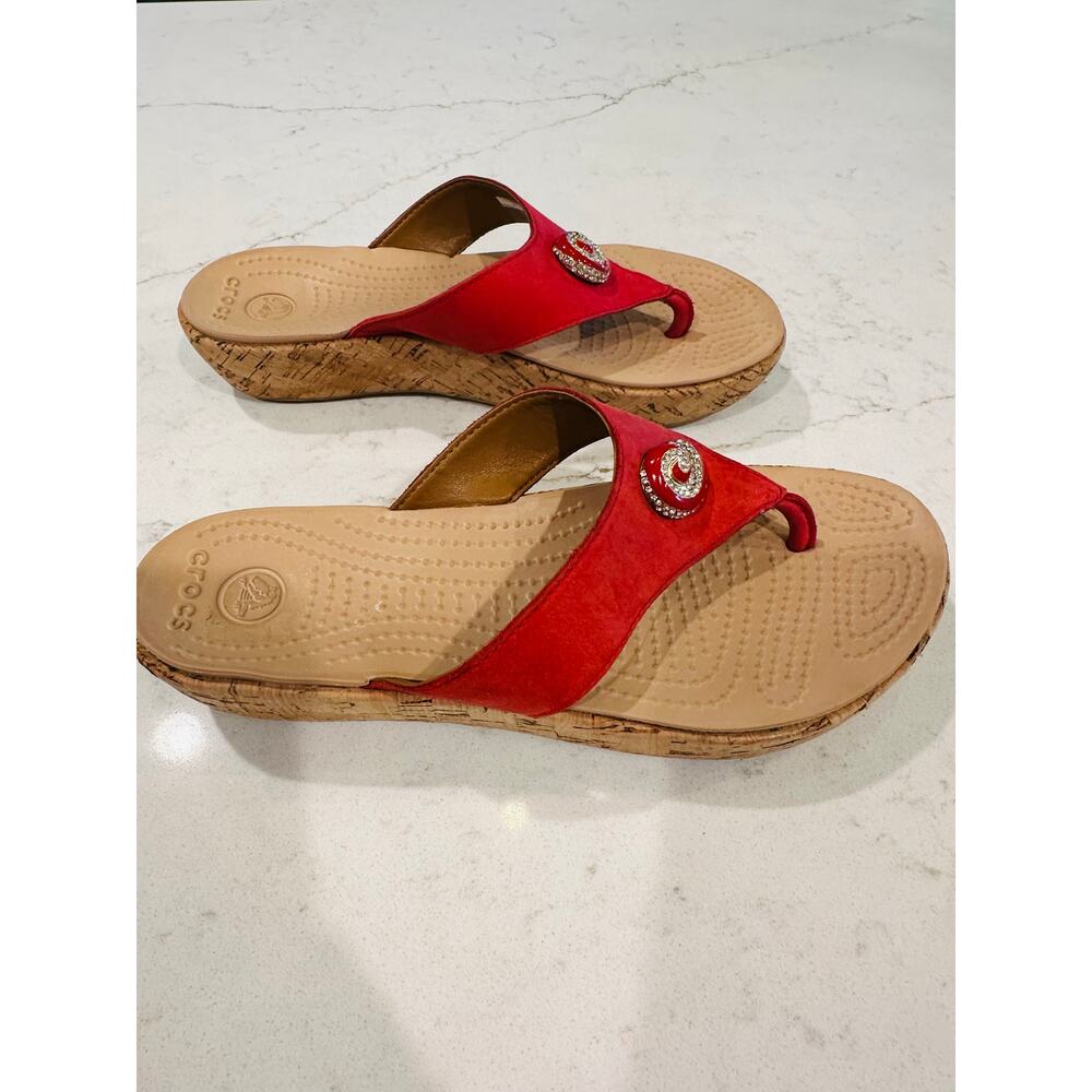 Crocs A Leigh Thong Sandal Cork Wedge Rhinestone Embellishment Red 8 - Picture 6 of 7